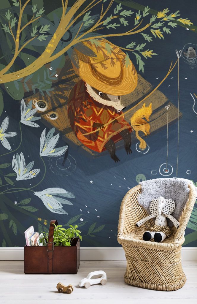 Summer Fishing illustration mural for kids wallpaper by photowall.com in colours of navy blue, mustard, gold