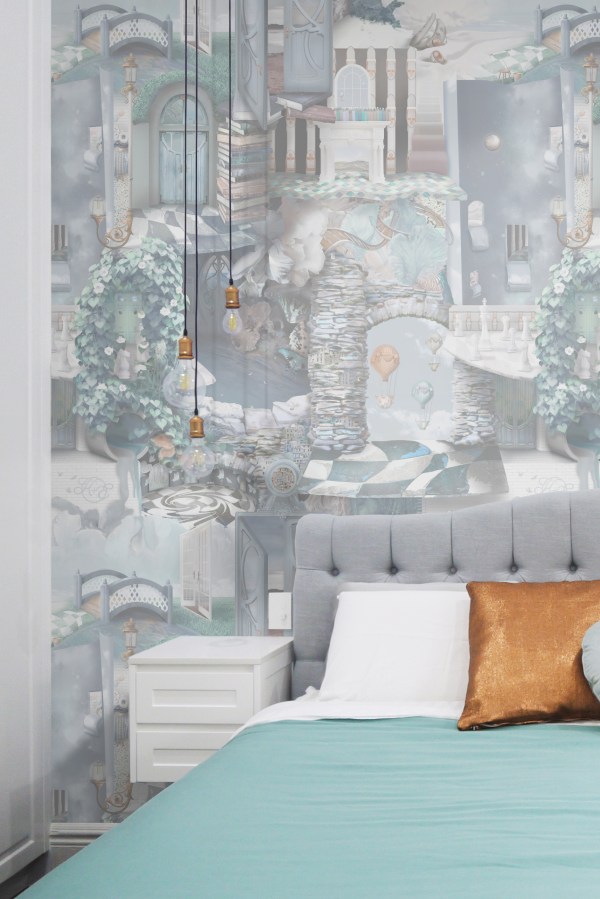 A stunning and unique designer statement interior decorating wallpaper wall mural inspired by Alice In Wonderland. Featuring stones, tiles, doors, florals, vines, books and more! In soft pastel grey blue colours of Heron grey, blue, turquoise, aqua, copper, grey tones