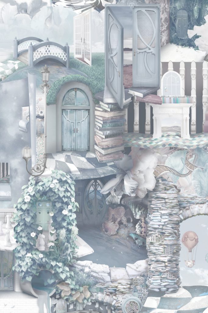 A beautiful and unique designer statement interior decorating wallpaper wall mural inspired by Alice In Wonderland. Featuring stones, tiles, doors, florals, vines, books and more! In dark blue navy and grey colours with deep turquoise, purple and grey tones.