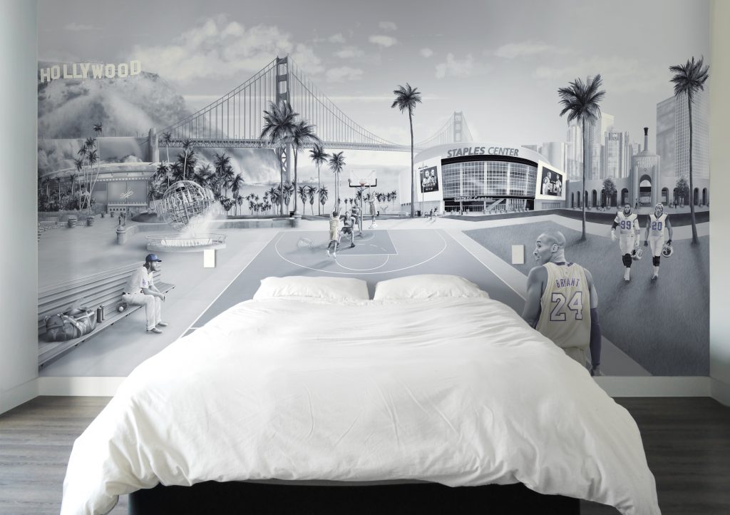 This is a custom Los Angeles wall Mural wallpaper design from australia. It features tributes to sport such as baseball, basketball, football themes. Including Kobe Bryant, Clayton Kershaw, Aaron Donald, Jalen Ramsey, Staples centre, dodgers. los angeles coliseum, Down town LA, Golden Gate Bridge, Hollywood sign. Man cave wallpaper