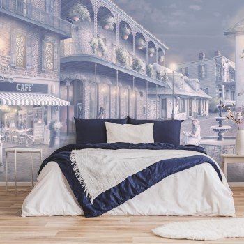 Street Cafe Lights romantic New Orleans wall mural Wallpaper. in navy blue