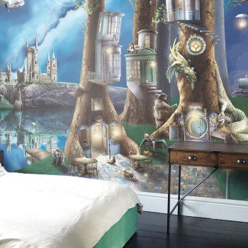 Amazing Harry Potter Inspired Custom Bedroom Wallpaper, featuring Hogwarts castle, the forbidden forest, flying car, time turner, dragon, hogwarts express, ron, harry, hermione, diagon alley inspired buildings.