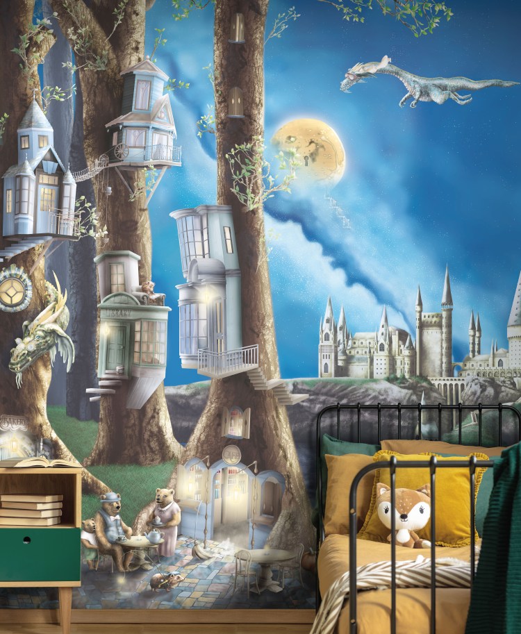 enchanted forest kids bedroom wallpaper. Woodland design with dragons, bears and more. Colours of mustard, forest green, blue