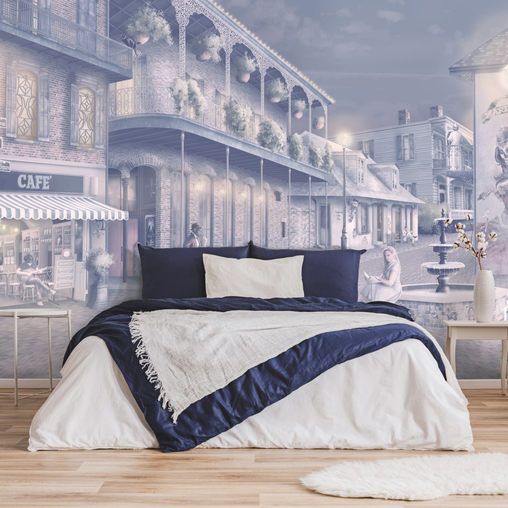 City New Orleans Mural wallpaper navy blue master bedroom