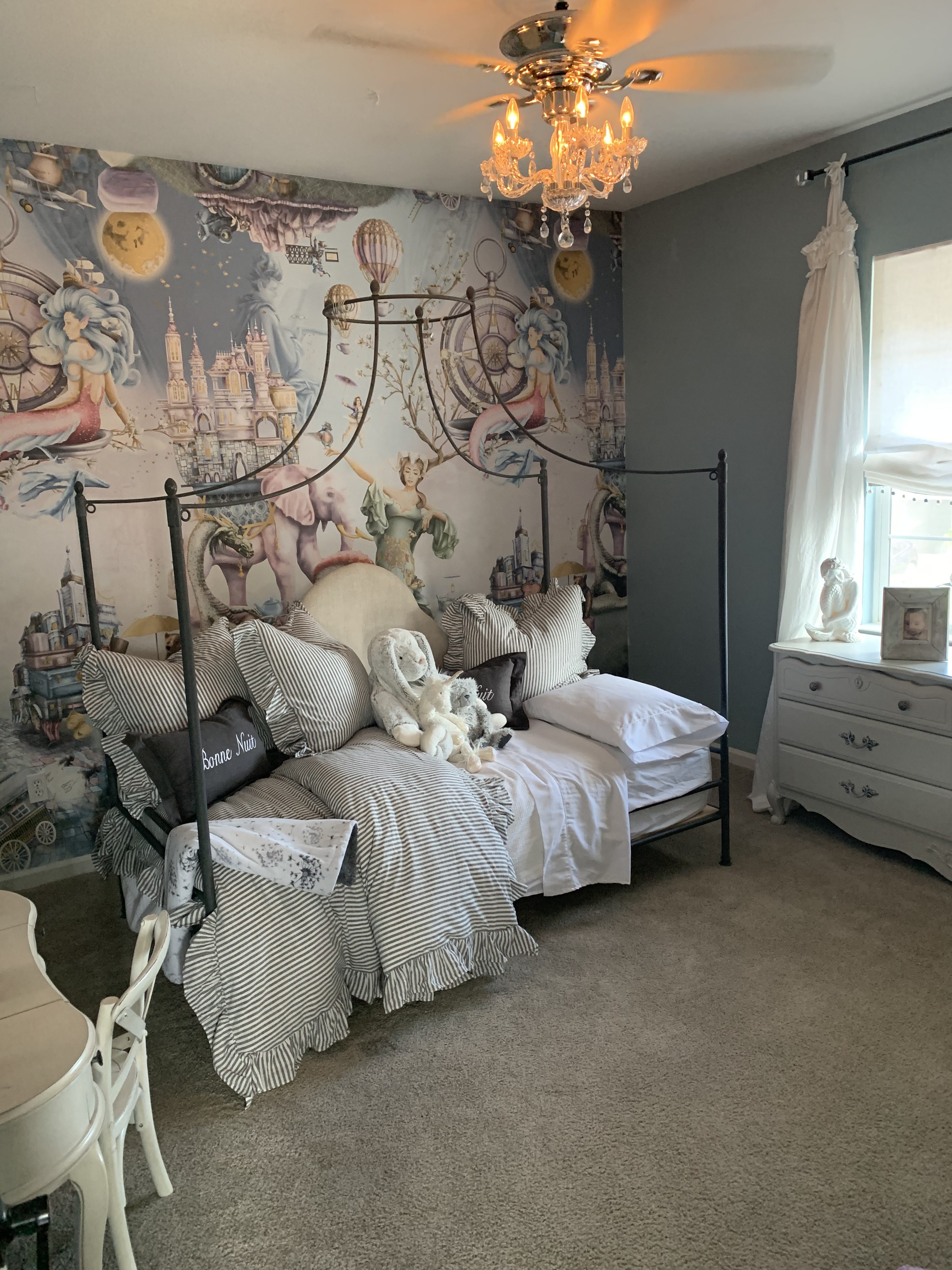 whimsical woodland fairytale girls wallpaper wall mural installed in girls bedroom on premium commercial vinyl, made to measure