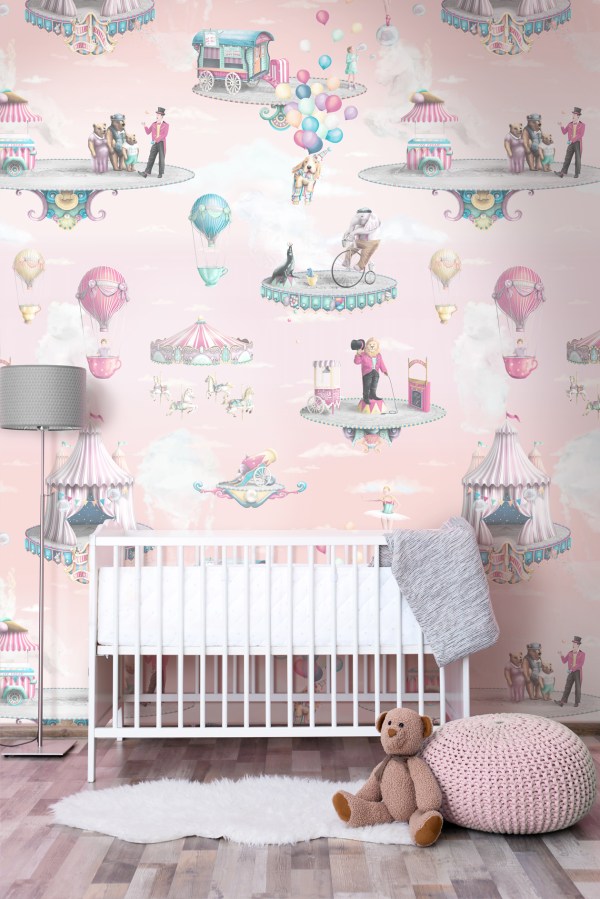 Girls Pink Circus Wallpaper Nursery Bedroom Design with Rose Sky