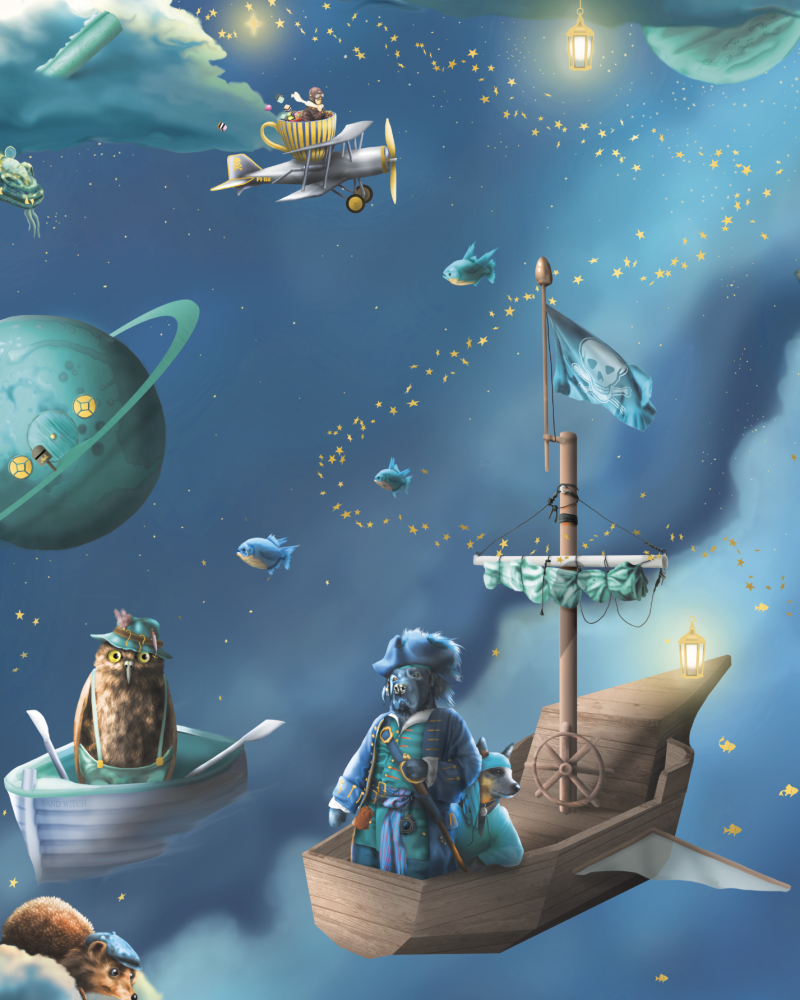Space For The Moon Kids wallpaper - with fairytale fishing, pirates, boats and galaxy theme
