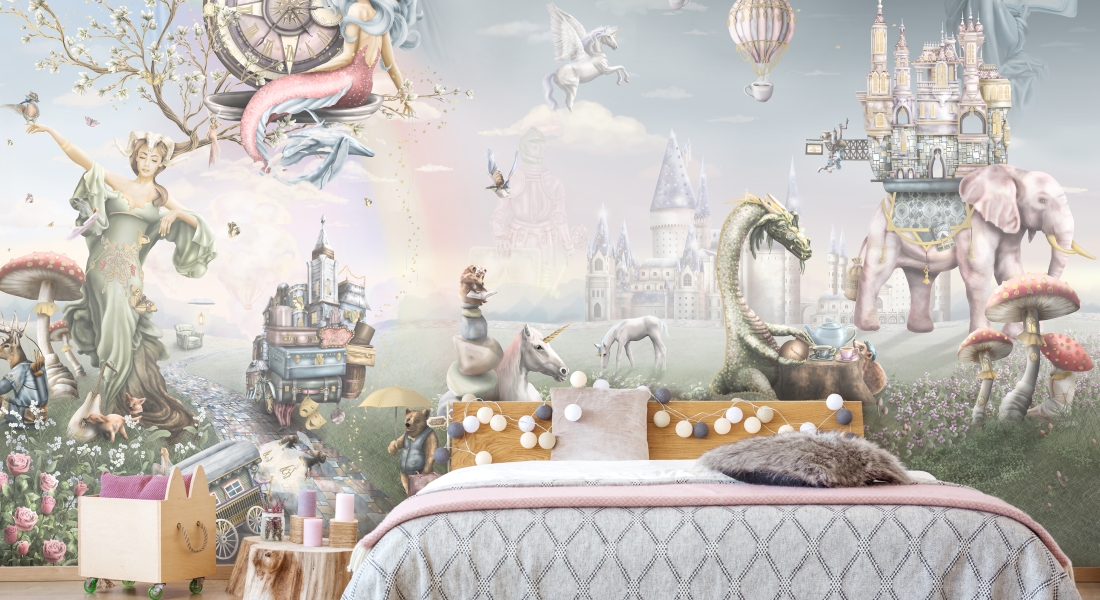 Girls unicorn wall mural wallpaper in a bedroom