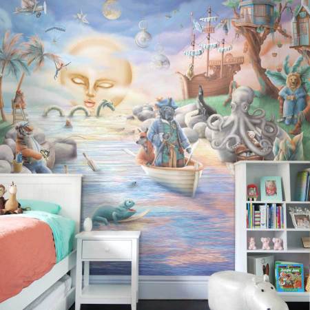 Pooch pirates kids ocean water sunset jungle dogs wallpaper wall mural
