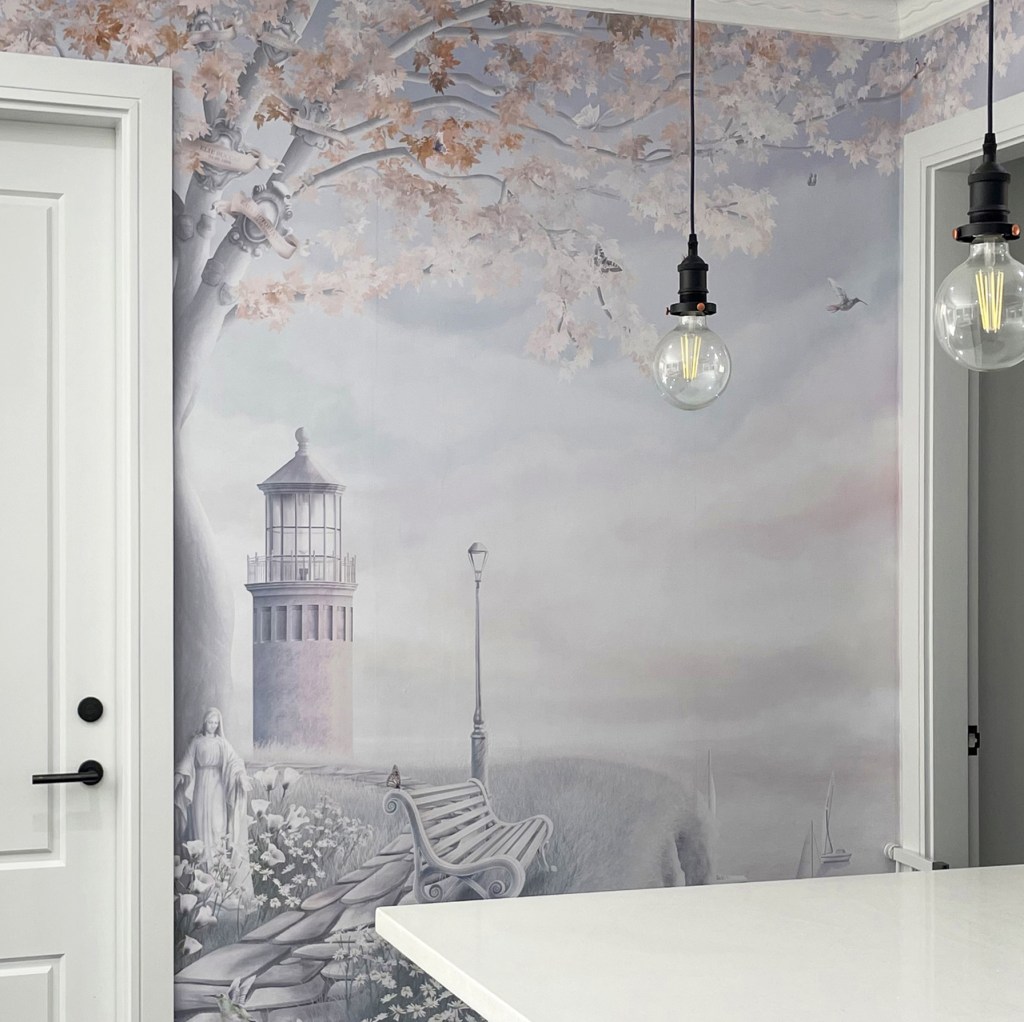 Family Tree Mural landscape wallpaper, design of harbour, trees, cafe, lake river ocean