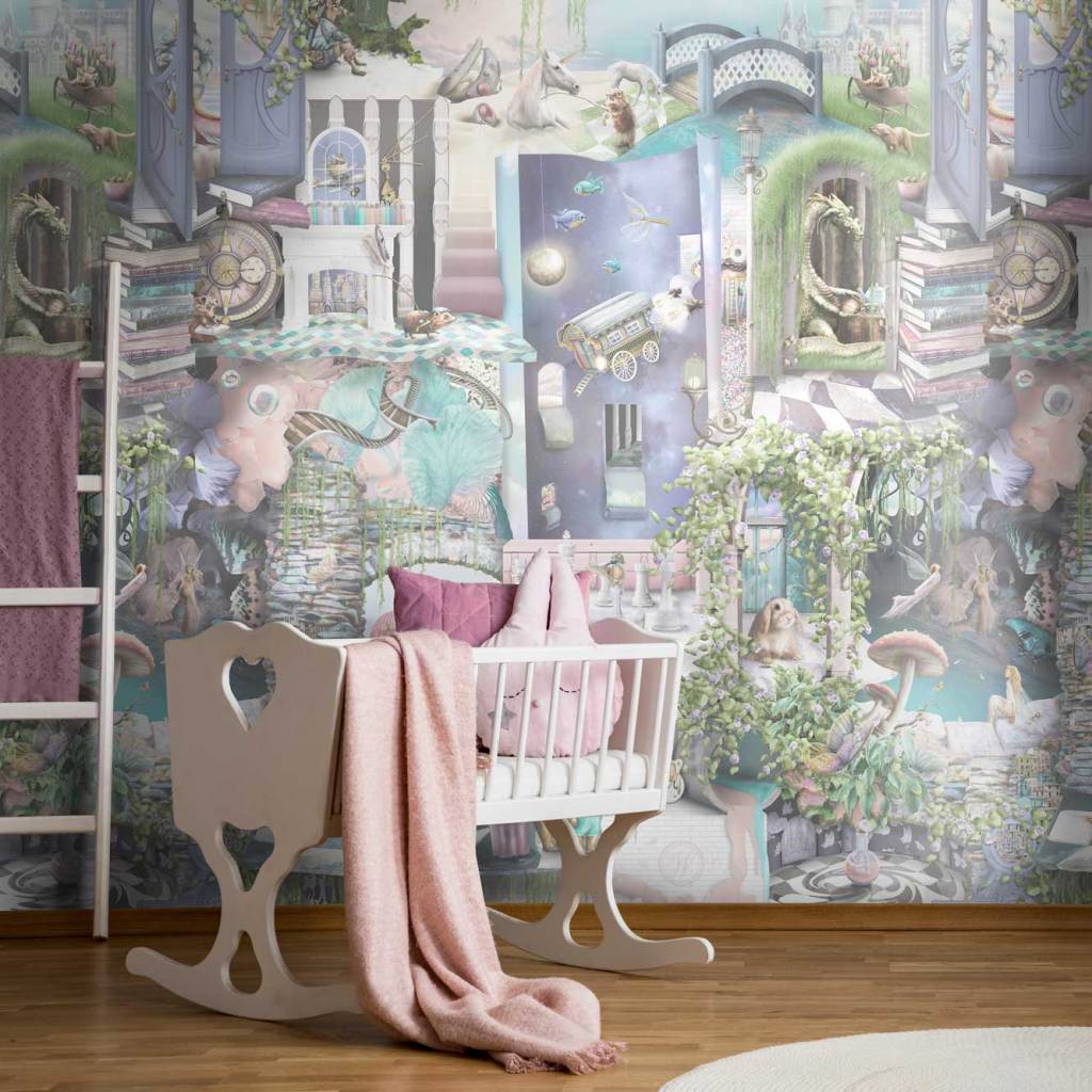 Fairytale forest storybook kids girls luxury wallpaper nursery beautiful wall mural. This wallpaper is for a baby girls nursery and is enchanting