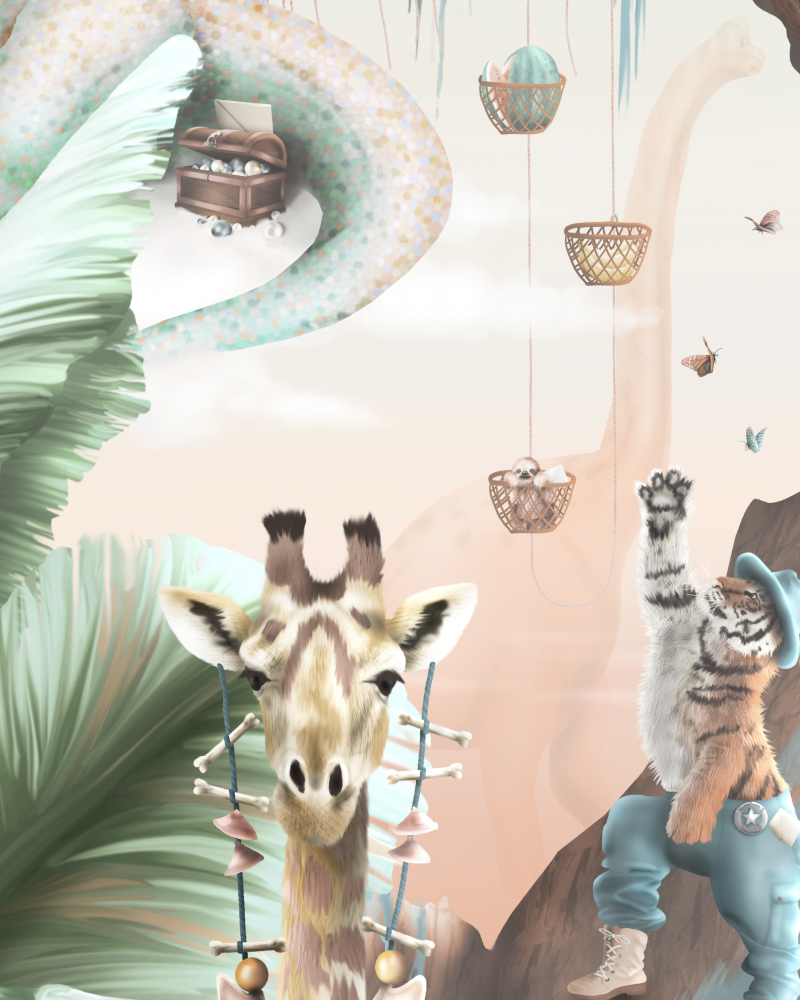 Giraffe, Sloth and dinosaur jungle wallpaper wall mural
