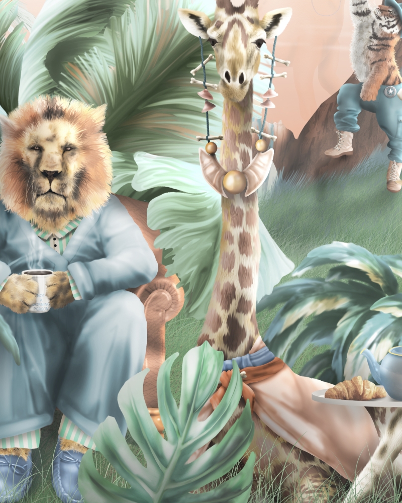 Lion and giraffe illustrations on kids jungle safari wallpaper wall mural 1