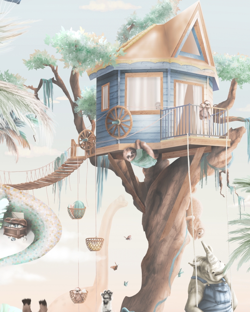 Sloth tree house with rhino and dinosaurs kids jungle wallpaper wall mural