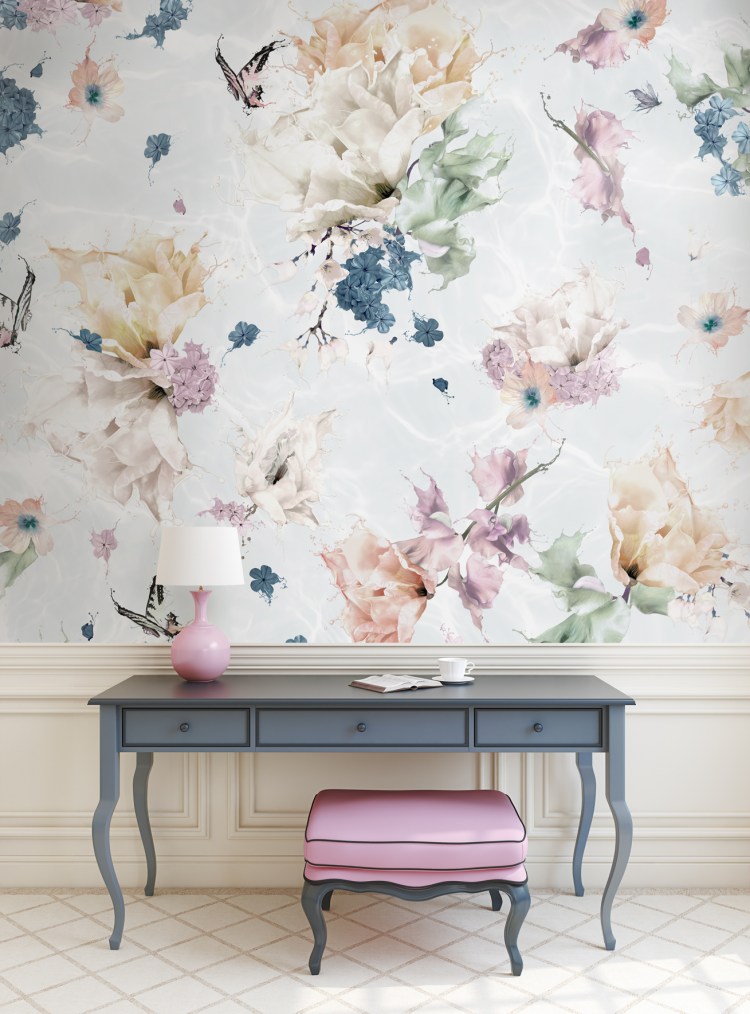 large scale floral french pastel wallpaper