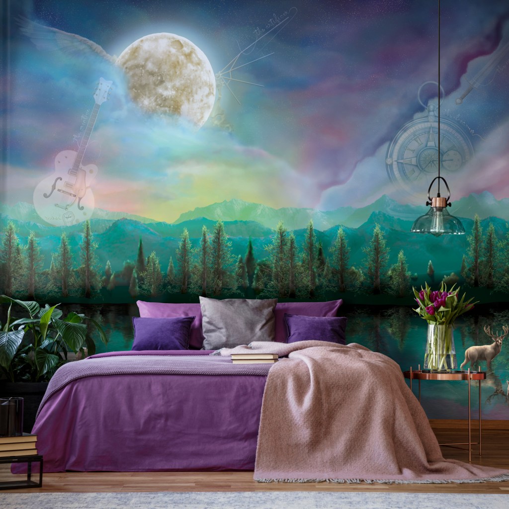 Night landscape mural Wallpaper dark forest lake mountains