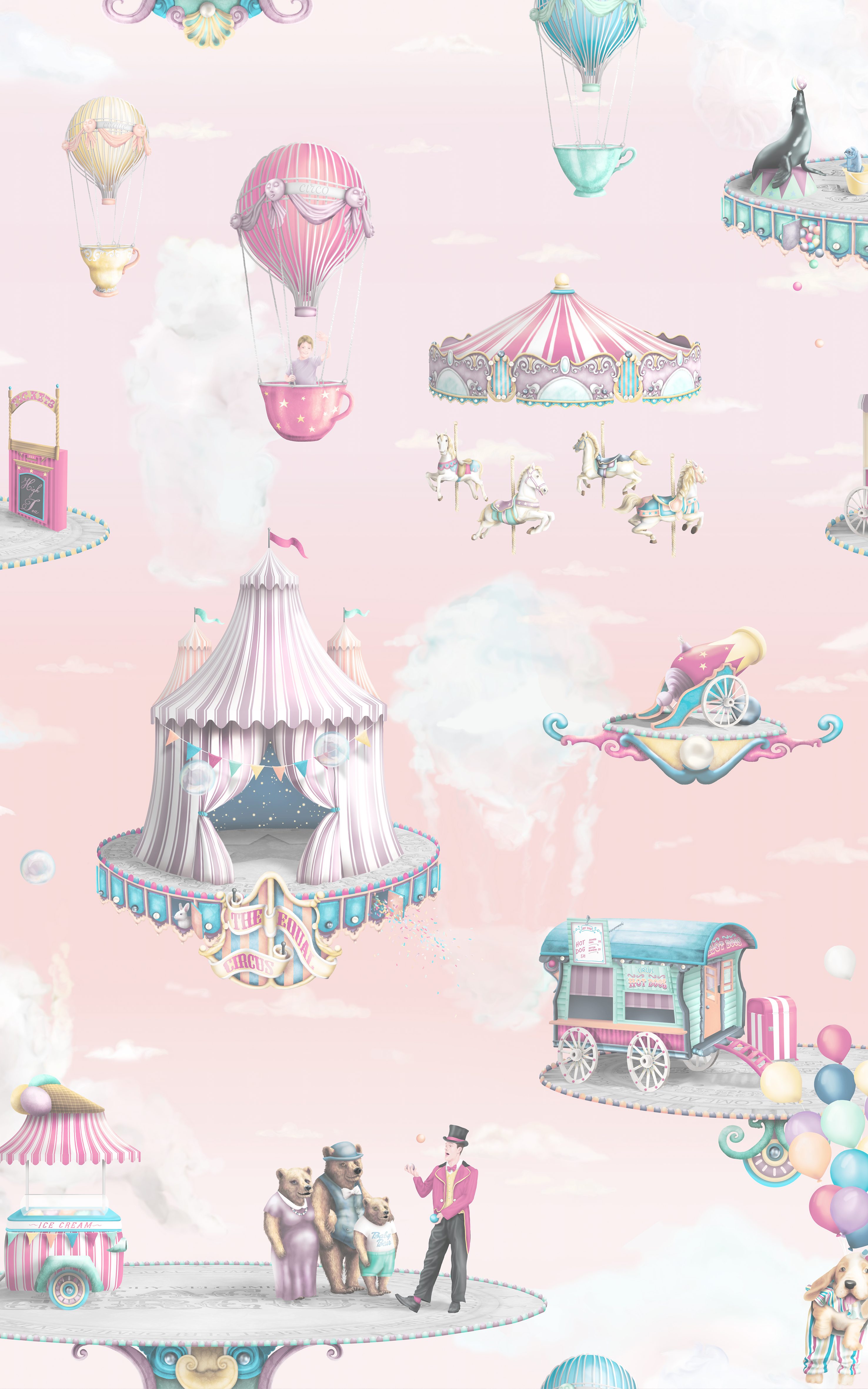 Girls Pink Circus Interior wallpaper Design - custom and bespoke with ballerina, bubbles and carousel horses