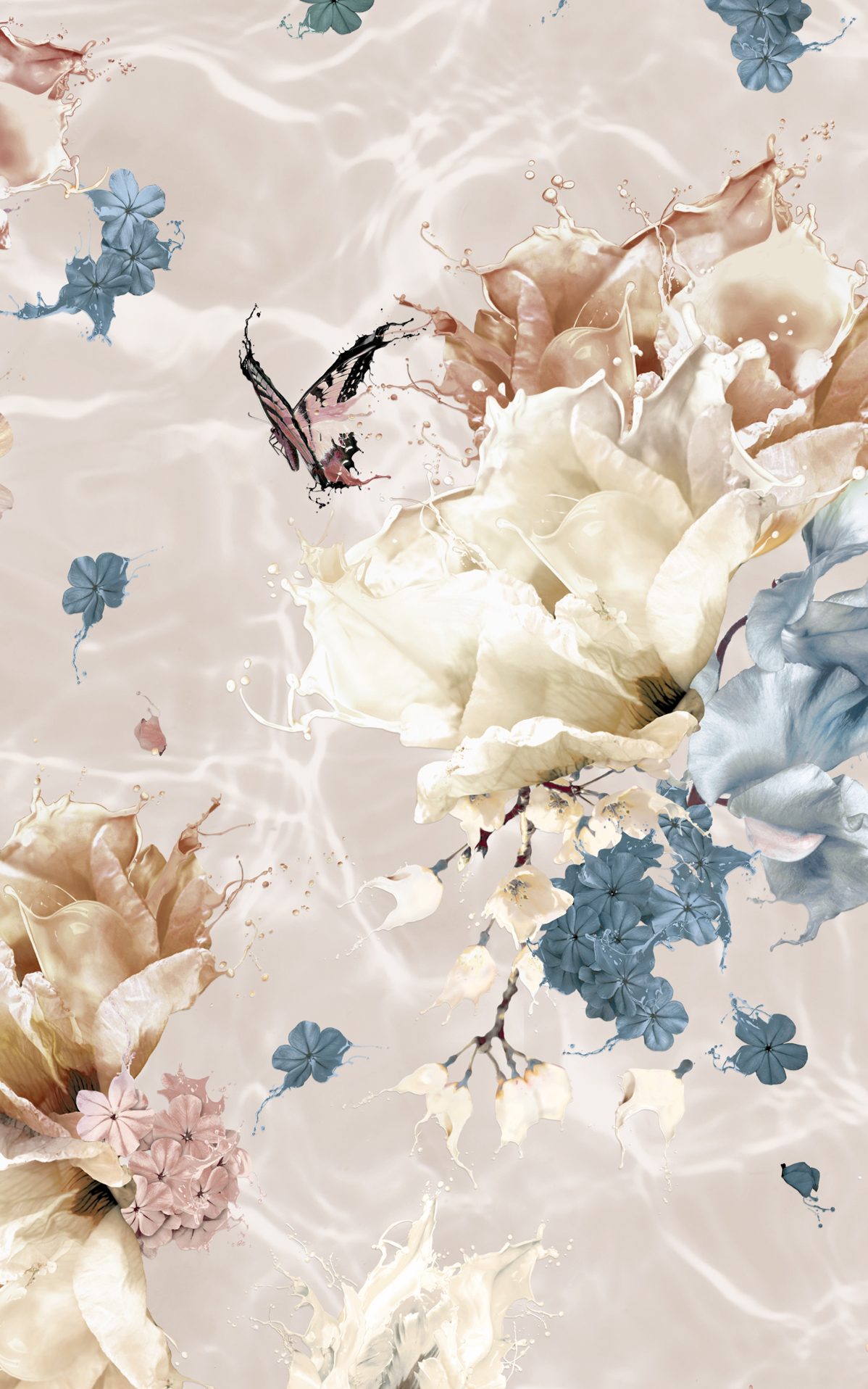 designer wallpaper with large scale flowers and butterflies