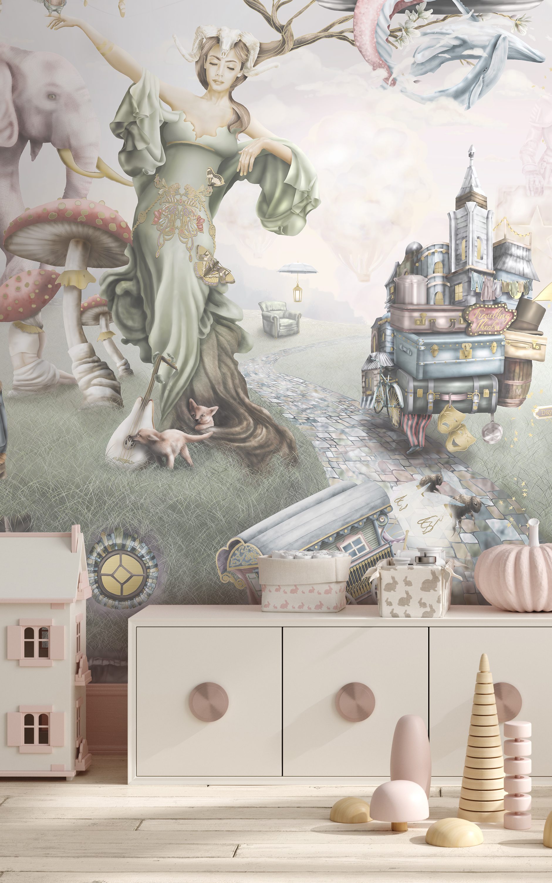 A truly beautiful kids girls interior wallpaper design in a playroom, bedroom or nursery. featuring mermaids and other fairy tale characters such as dragons, mother nature, ballerina, princess and more. In soft washed out, romantic colours.