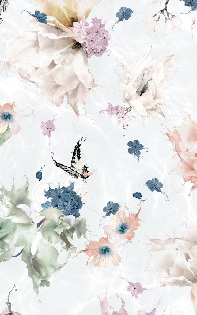 This is a beautiful Interior Wallpaper of Flowers, butterflies and Dragonflies. It is a custom made wall mural and features a statement, unique design from Australia. Printed onto luxury high quality Vinyl wall covering that is easy to install and easy to remove. This romantic design shows florals floating down into a pool of water. It has a touch of surrealism and fantasy!