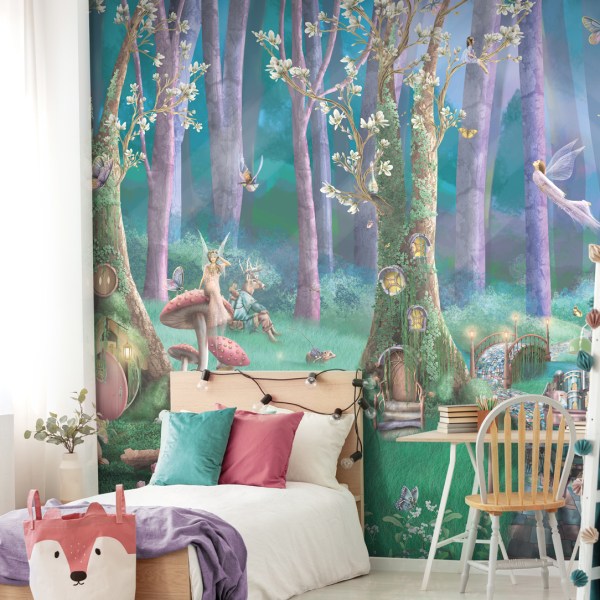 Girls fairy forest wallpaper wall mural. Enchanted forest in purple pink and turquoise