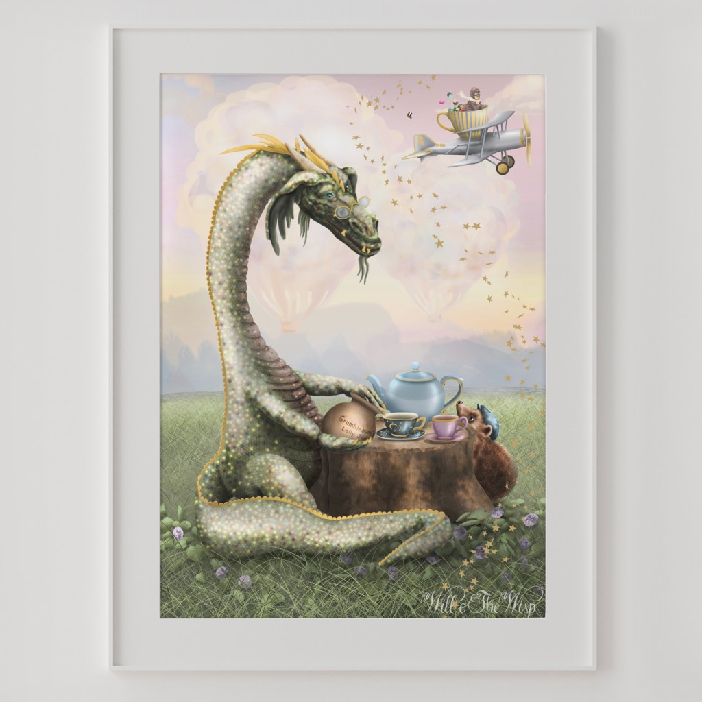 dragon kids art prints bedroom nursery dragon tea party fairytale a1 a2