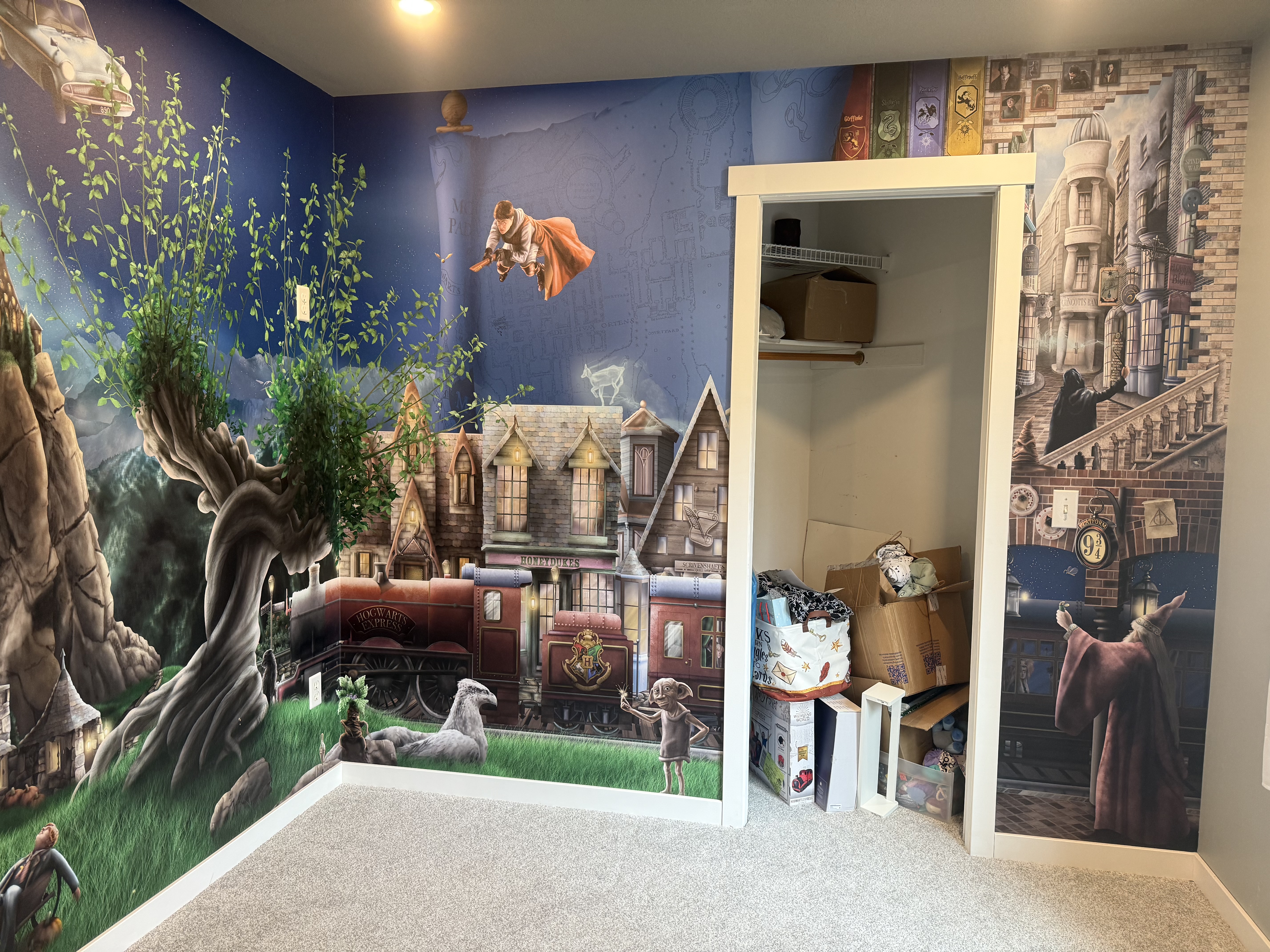 Harry Potter Wizard Wallpaper installed with commercial unpasted premium wallpaper in a nursery bedroom