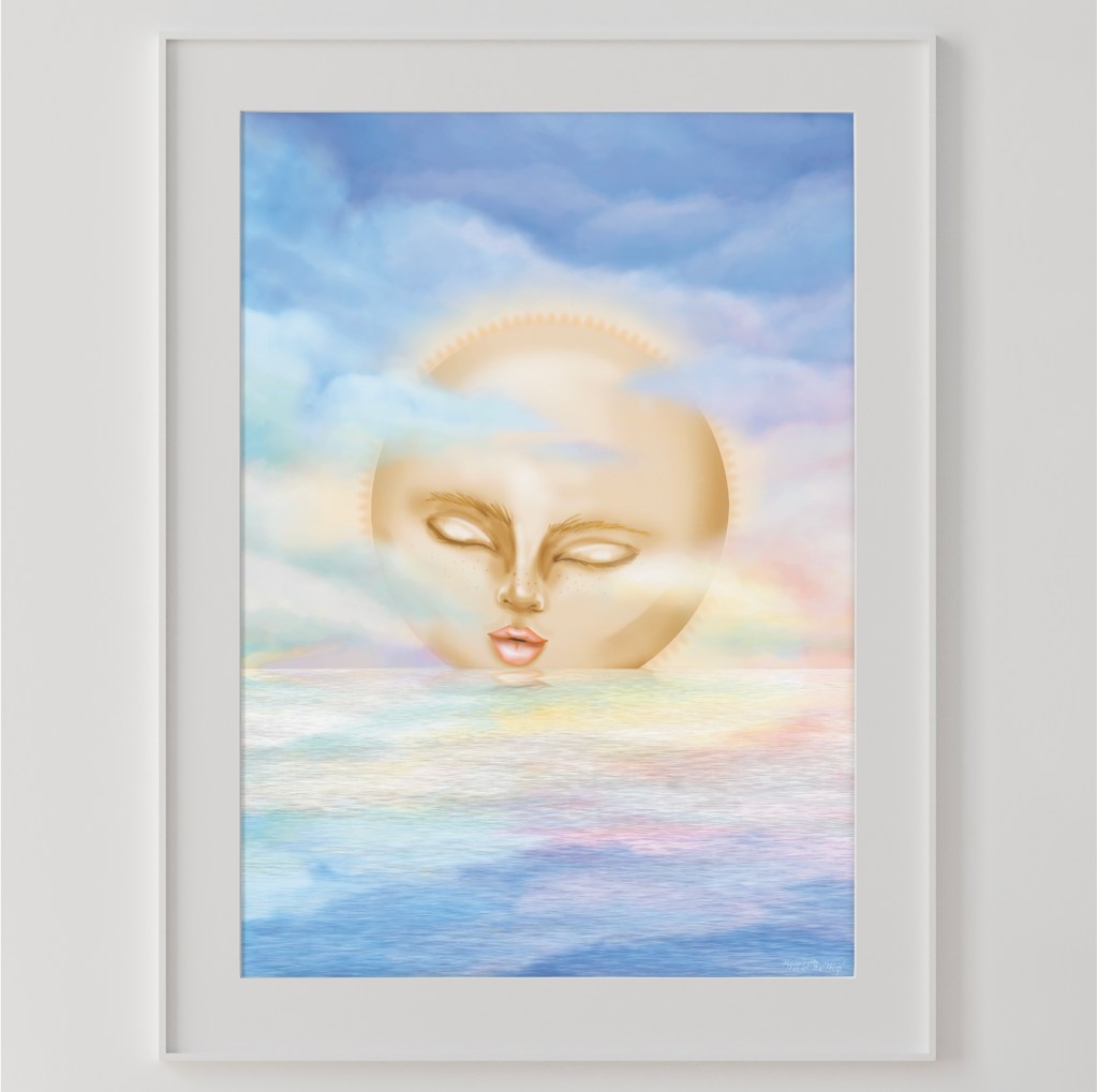 gender neutral nursery print poster ocean sunset colourful sky clouds sun water ocean