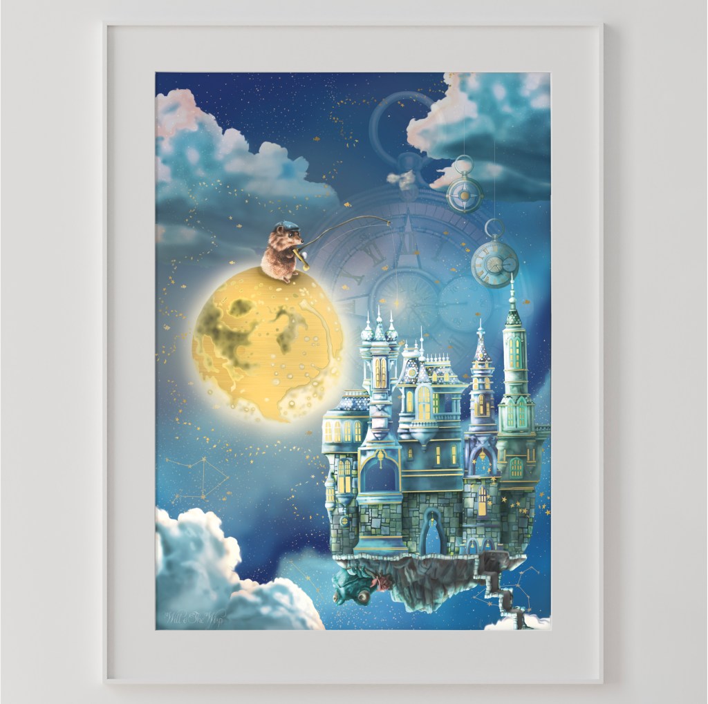 Kids moon stars fishing clouds poster artwork print. Moon Fishing Nursery Print