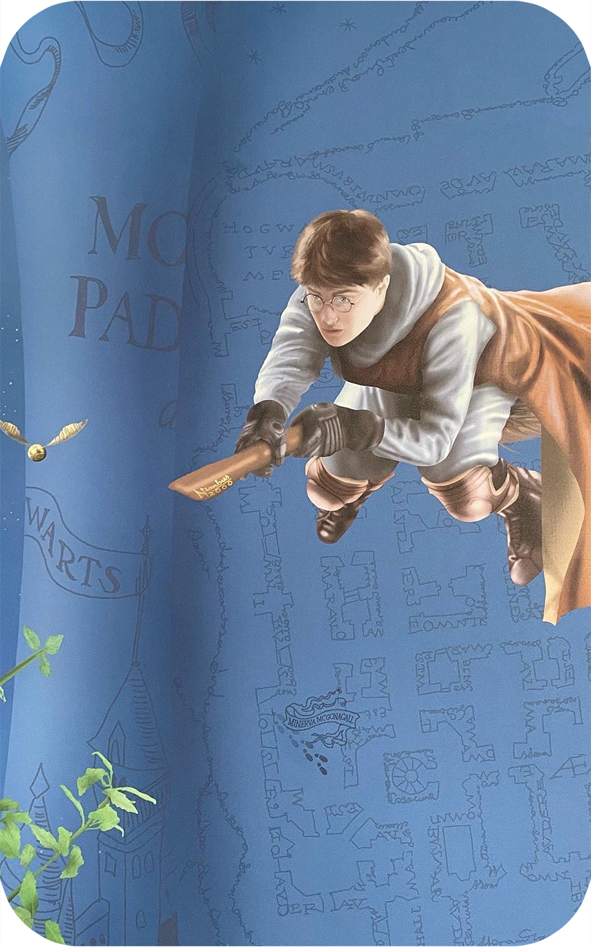 Harry potter custom wallpaper wall mural harry flying on broomstick snitch marauders map