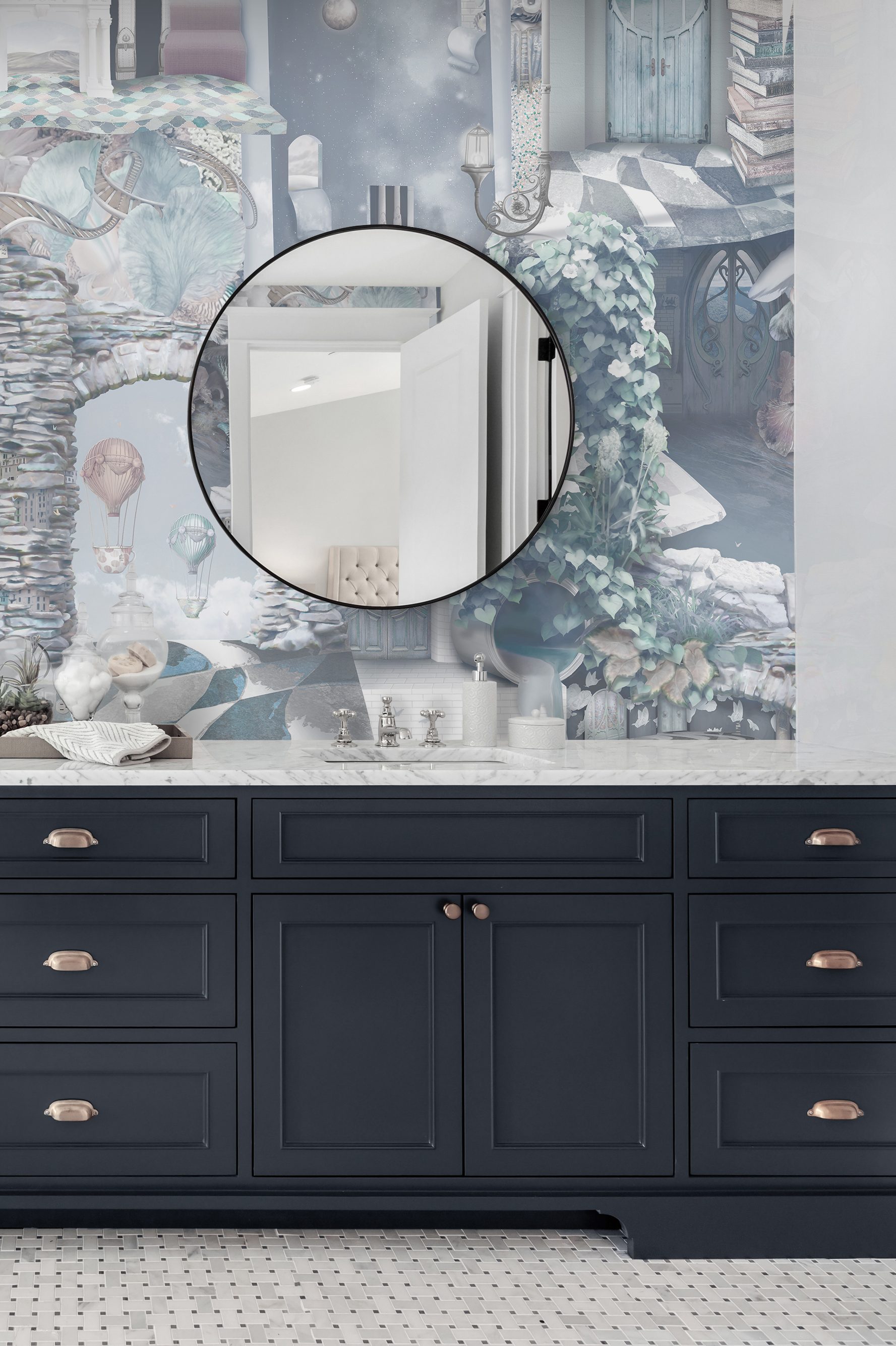 Statement bathroom Wallpaper vinyl powder room vanity navy blue silver grey