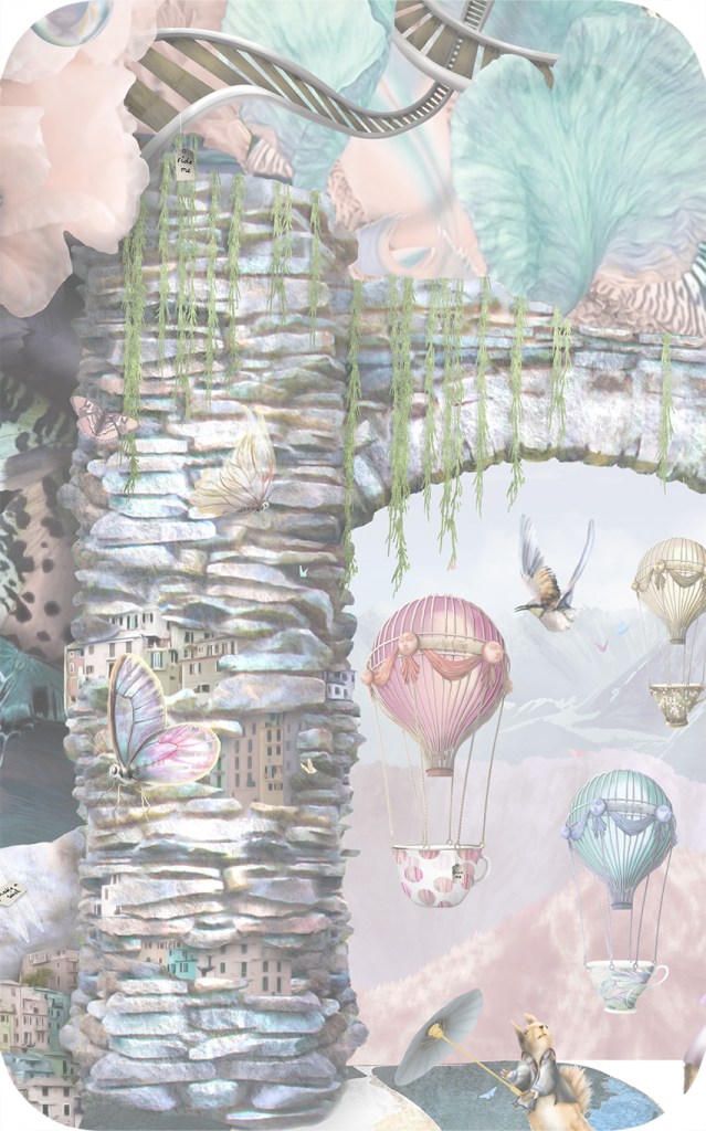 fairytale storybook girls nursery wallpaper beautiful fairies woodland magical teacups hot air balloons flowers