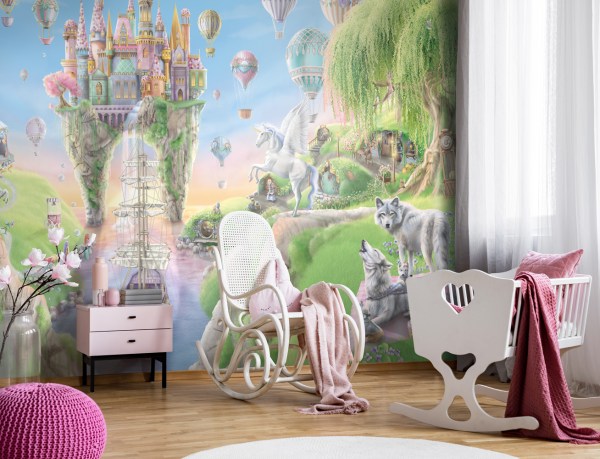 Girls Princess unicorn castle bedroom nursery with wall art wall decor wall mural wallpaper