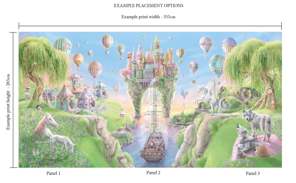 girls amazing wall art wallpaper mural for bedroom with princess castle hot air balloons unicorns