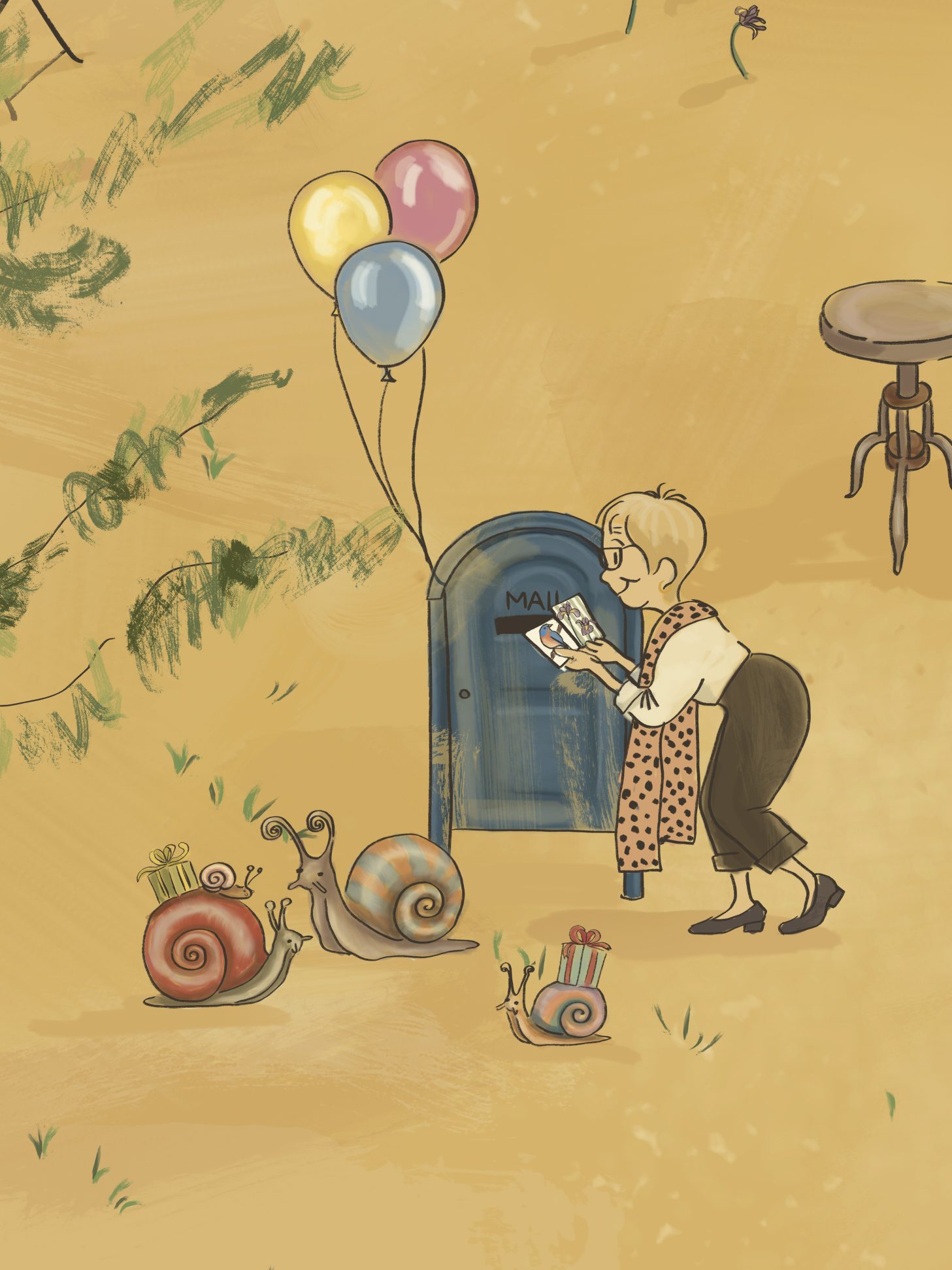 A Bespoke Central Park nursery Mural custom designed with family references in cartoon and beloved pets and family members