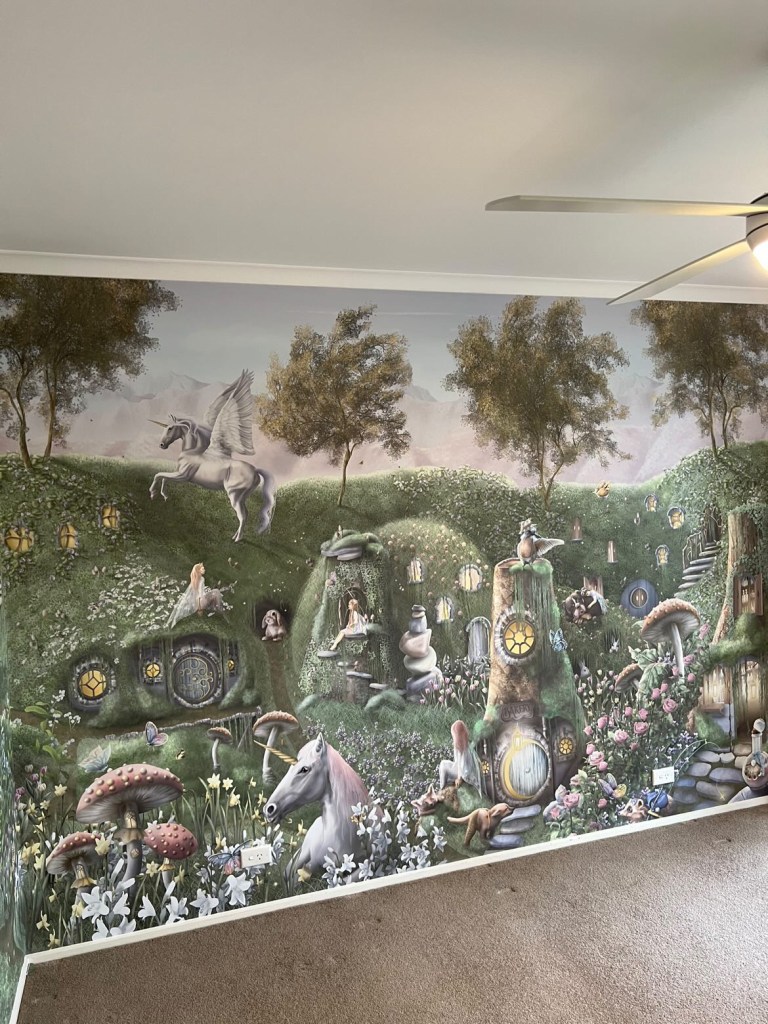 Custom girls wallpaper wall mural with unicorns and fairies. Commercial premium vinyl wall covering. Custom made to measure