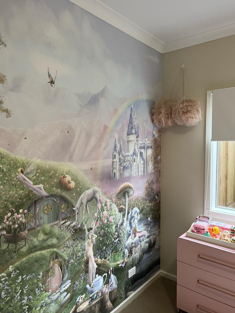 Custom girls wallpaper wall mural with unicorns and fairies. Commercial premium vinyl wall covering. Custom made to measure