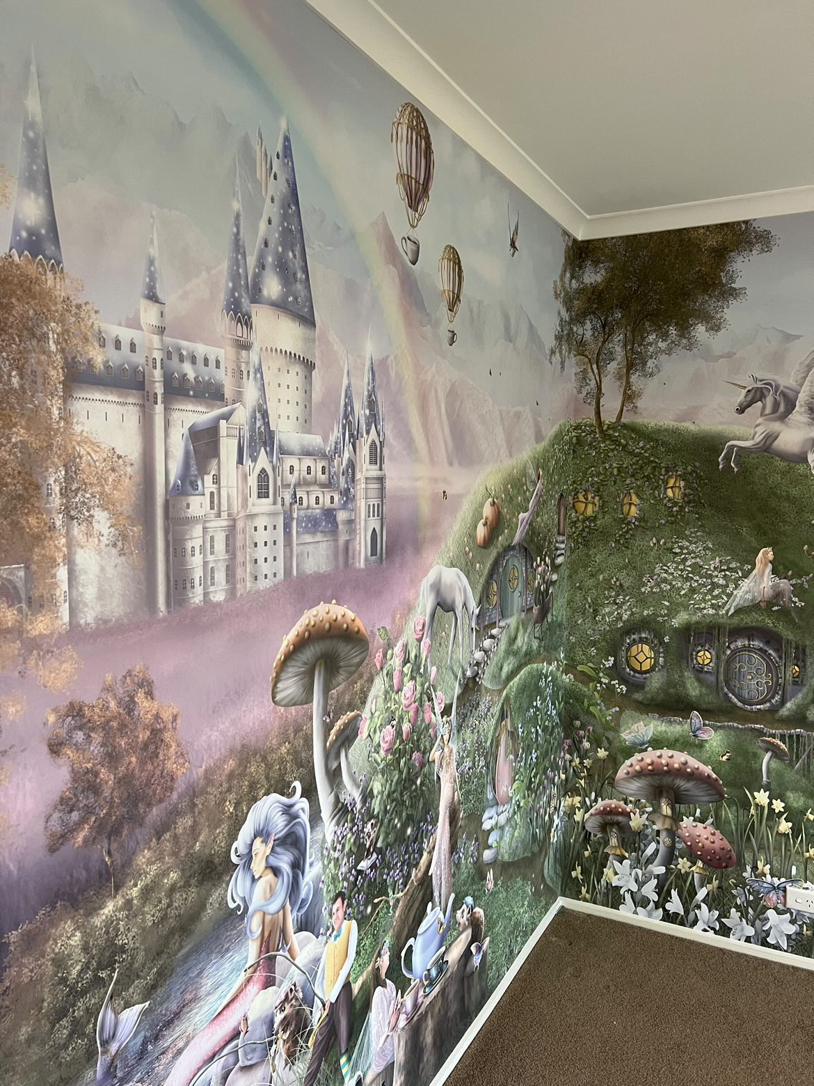 Immersive, narrative wallpaper mural designed as an environmental storytelling world that children step into, not simply look at.