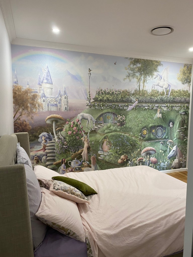 Custom girls wallpaper wall mural with unicorns and fairies. Commercial premium vinyl wall covering. Custom made to measure