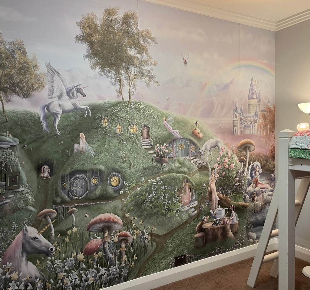 Custom girls wallpaper wall mural with unicorns and fairies. Commercial premium vinyl wall covering. Custom made to measure