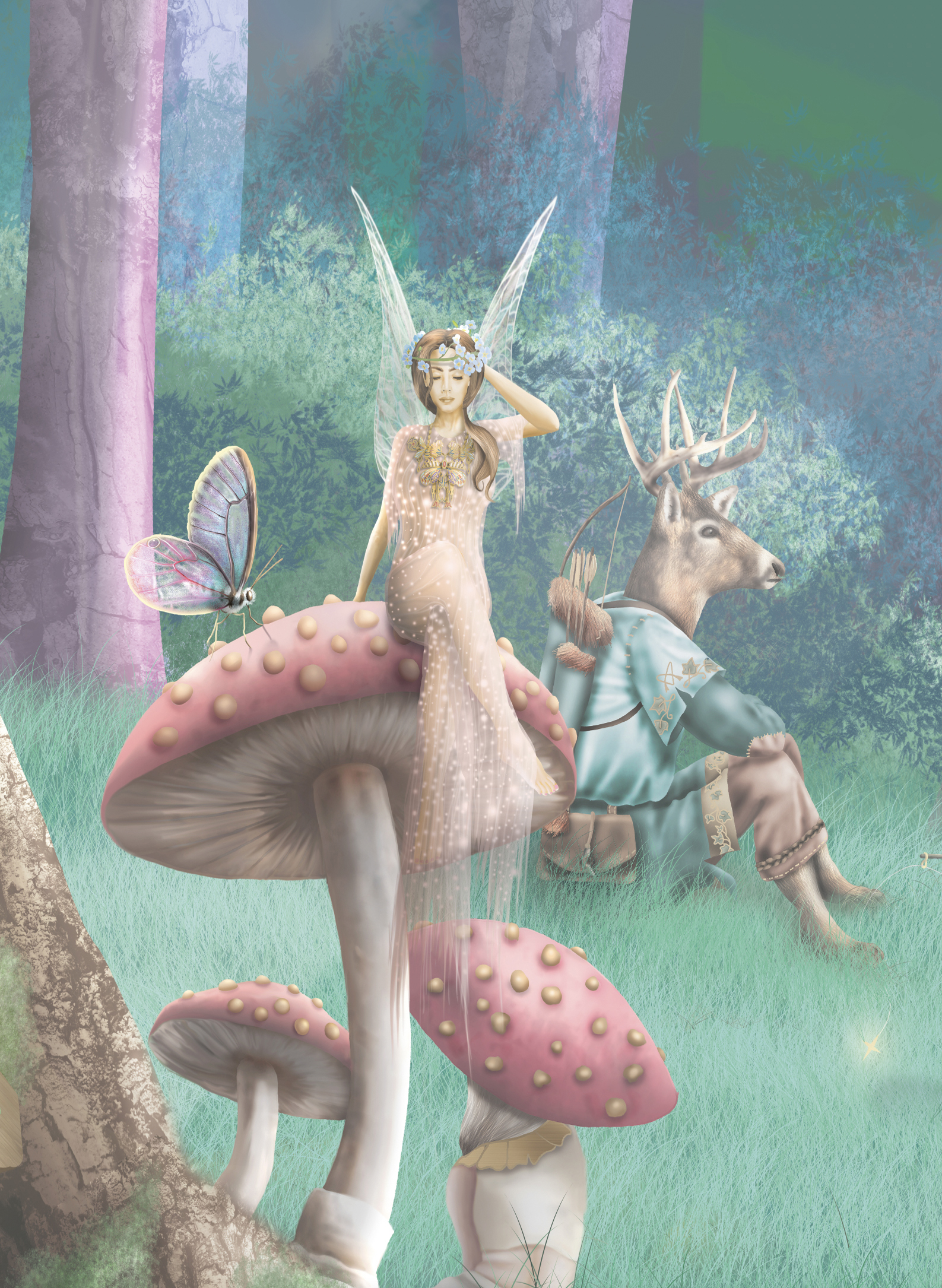 fairy forest, enchanted woods girls wallpaper wall mural with fairy homes, unicorns, purple, turquoise, pinks, mushrooms