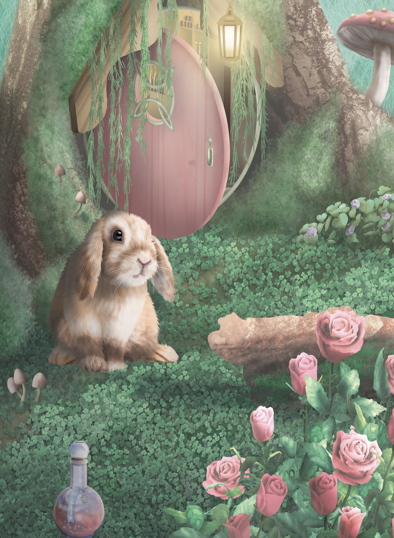 fairy forest, enchanted woods girls wallpaper wall mural with fairy homes, unicorns, purple, turquoise, pinks, bunny rabbits