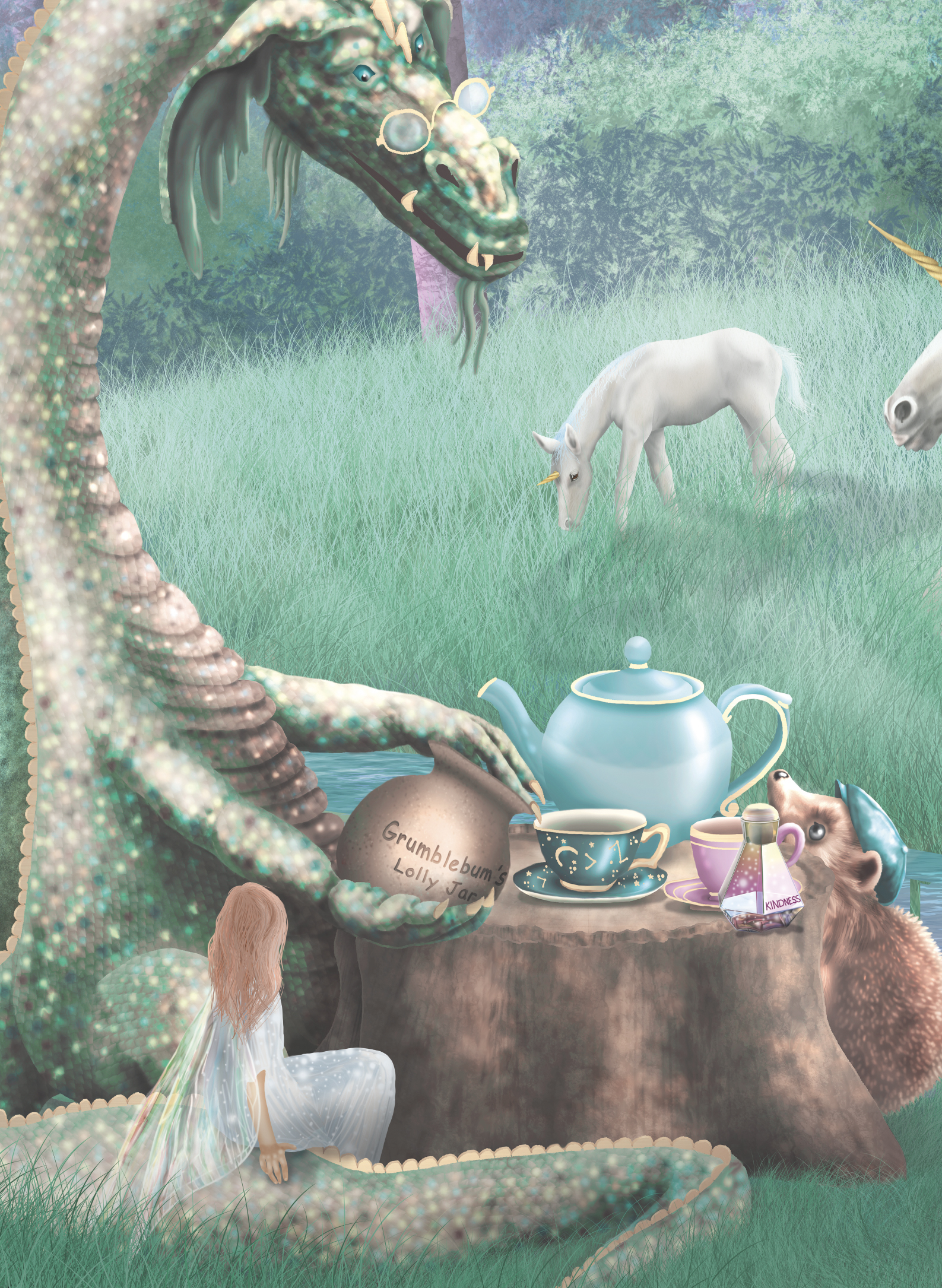 fairy forest, enchanted woods girls wallpaper wall mural with fairy homes, unicorns, purple, turquoise, pinks, dragon