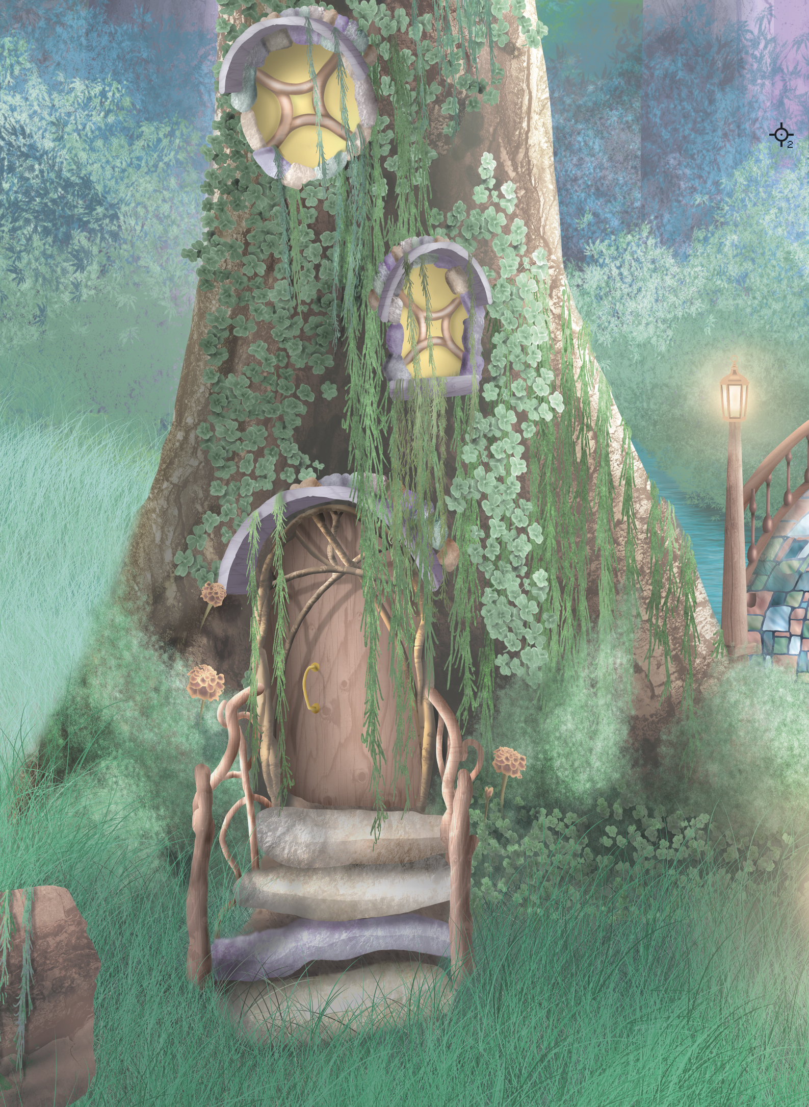 fairy forest, enchanted woods girls wallpaper wall mural with fairy homes, unicorns, purple, turquoise, pinks, fairy tree
