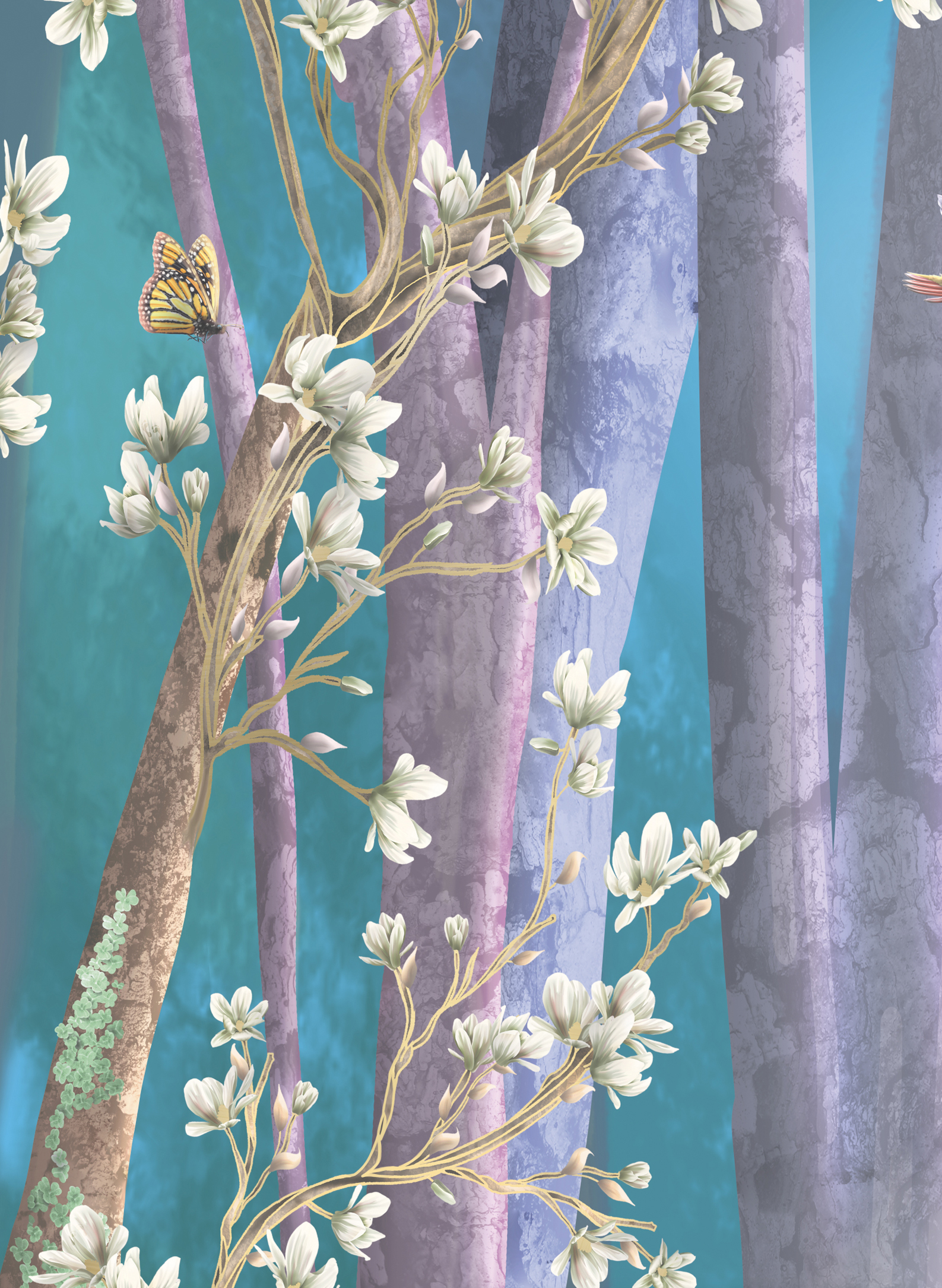 fairy forest, enchanted woods girls wallpaper wall mural with fairy homes, unicorns, purple, turquoise, pinks, trees