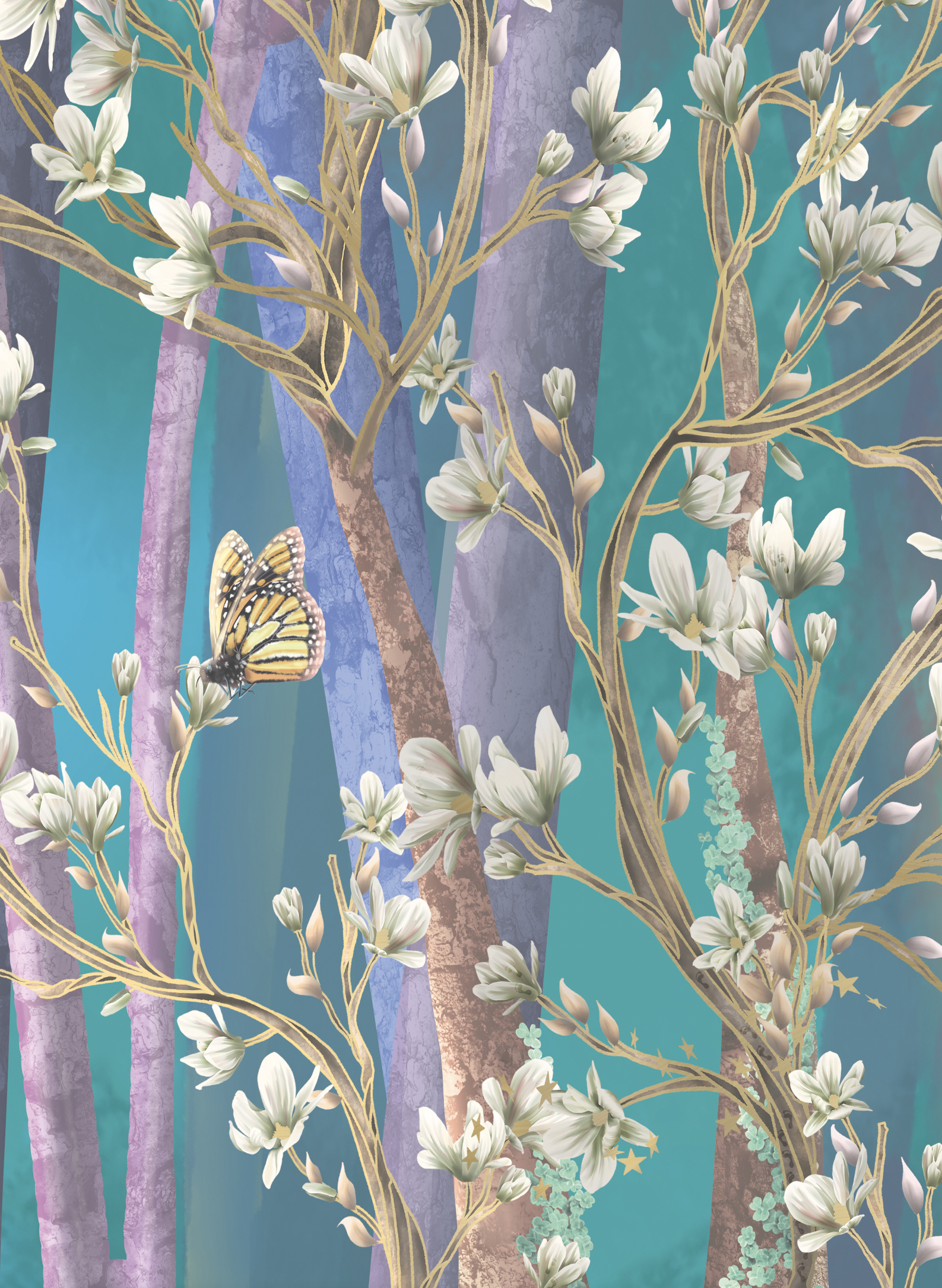fairy forest, enchanted woods girls wallpaper wall mural with fairy homes, unicorns, purple, turquoise, pinks, fairy flowers