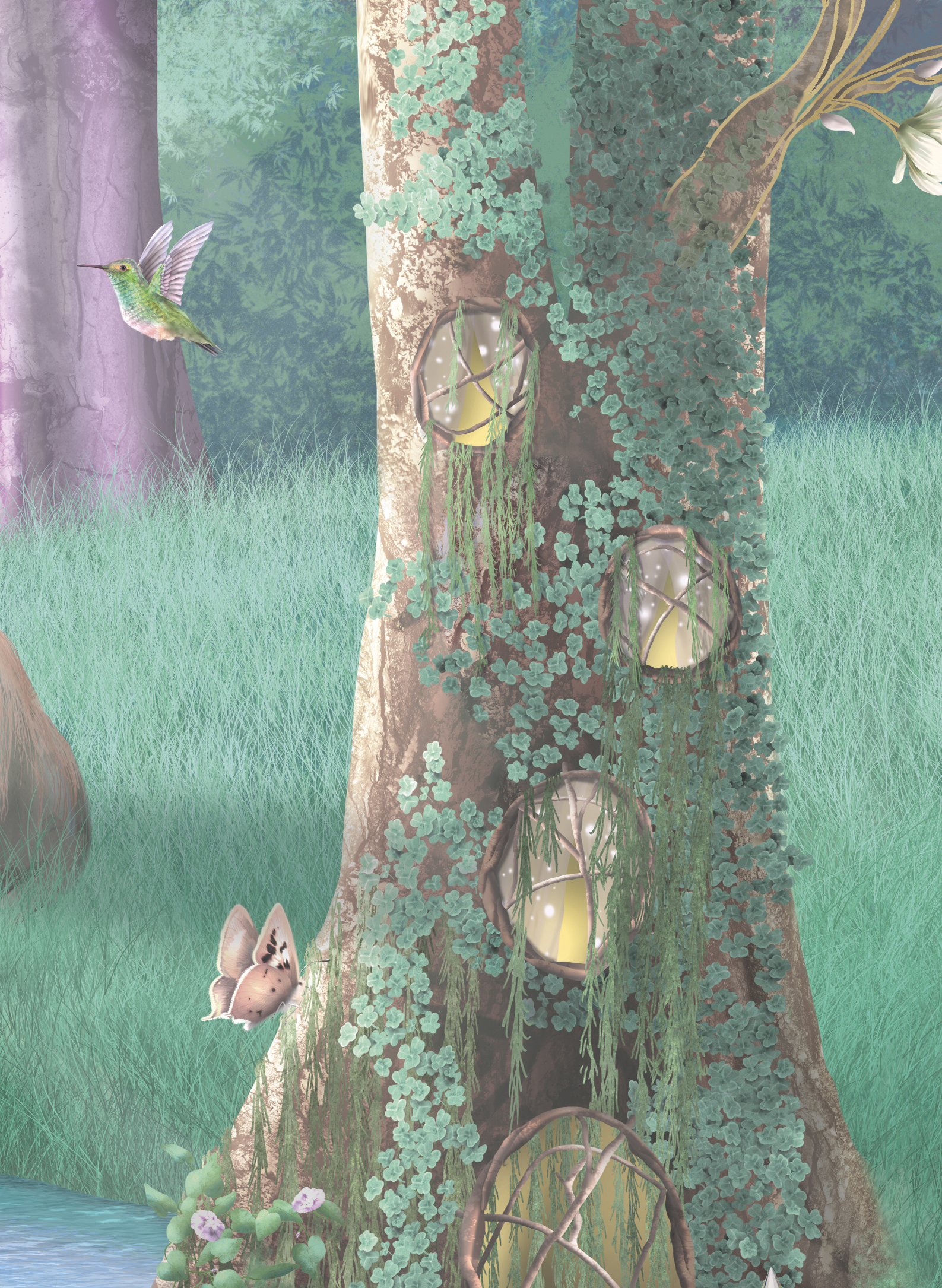 fairy forest, enchanted woods girls wallpaper wall mural with fairy homes, unicorns, purple, turquoise, pinks, fairy windows