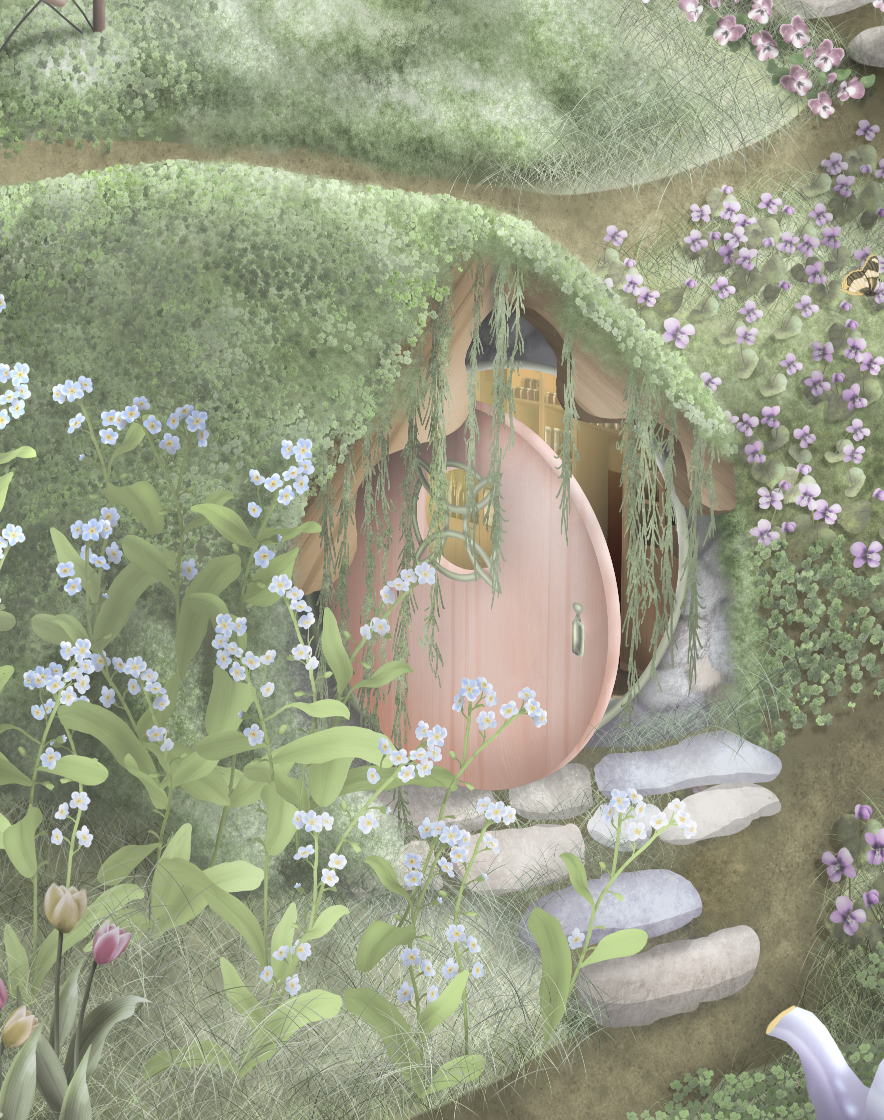 Girls fairytale wallpaper bedroom mural with unicorns, fairy houses. Commercial Vinyl wallpaper