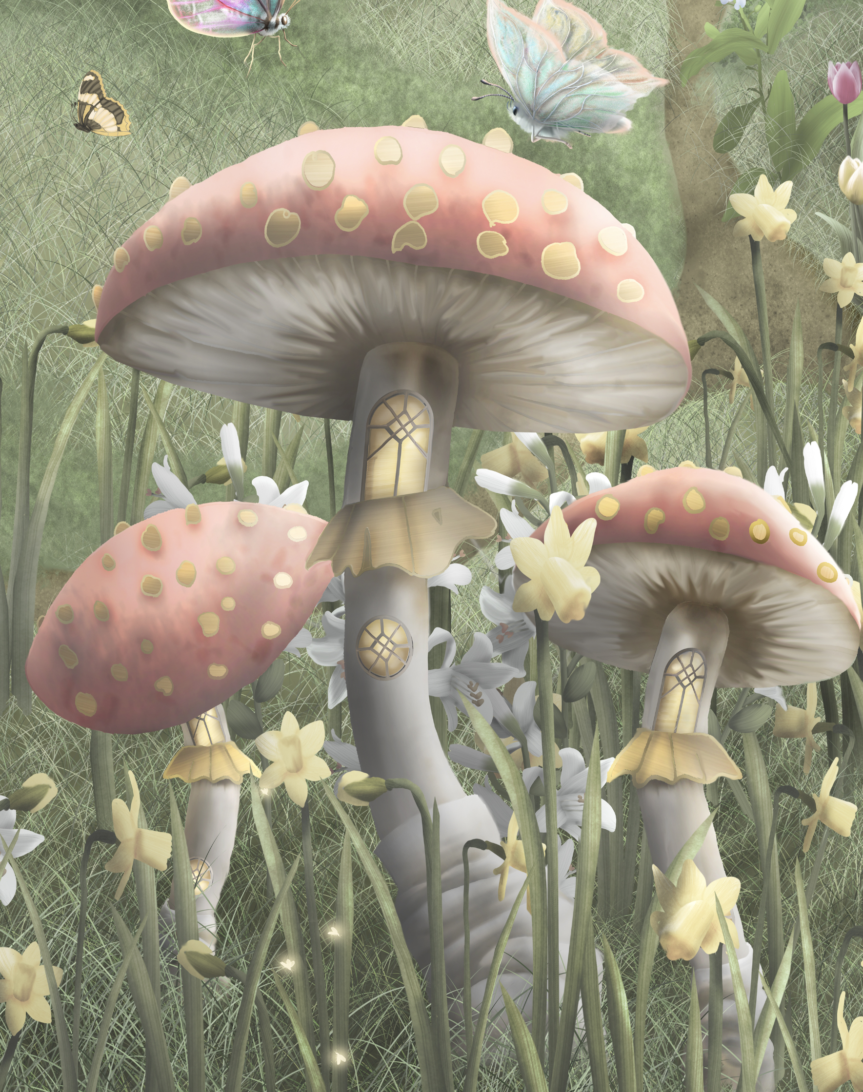Girls fairytale wallpaper bedroom mural with unicorns, mushrooms, fairy houses. Commercial Vinyl wallpaper