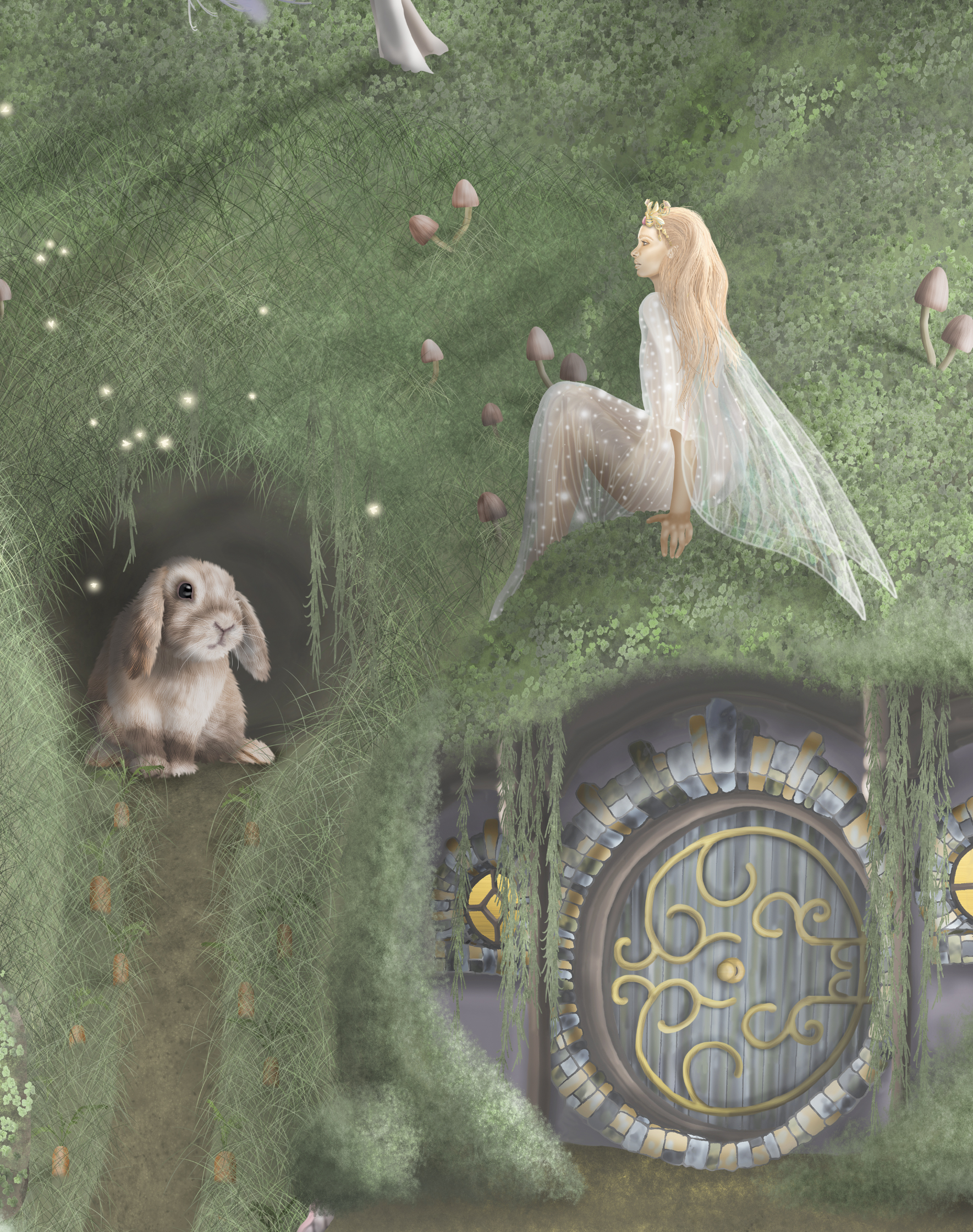 Girls fairytale wallpaper bedroom mural with unicorns, fairy houses, Rabbits. Commercial Vinyl wallpaper